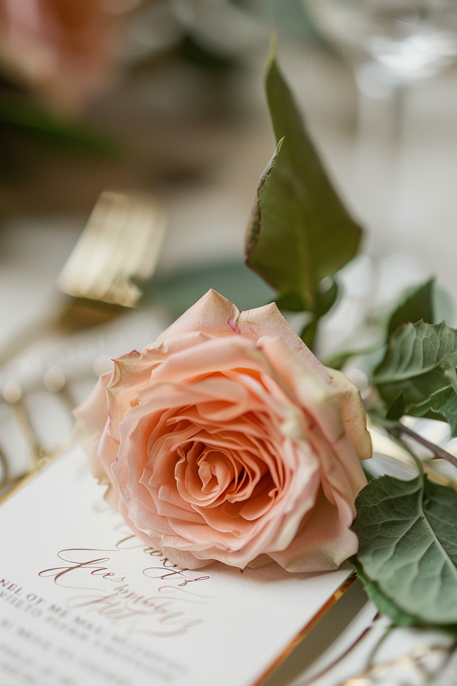 Wedding setting detail. Gold-edged, hand-lettered place card with a blush rose accent.