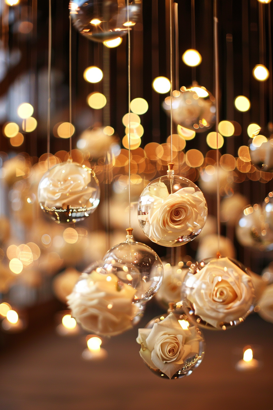 Captured moment. White roses in glass orbs dangling from golden threads over the dance floor.