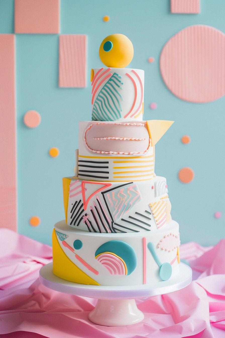 Retro wedding decor. Pop-art styled wedding cake with pastel colors.