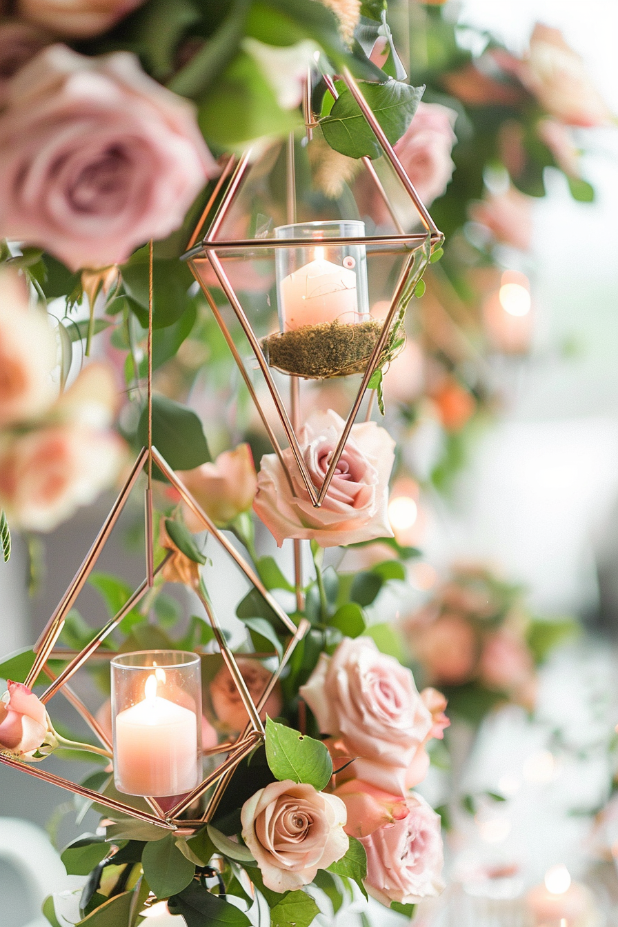 Modern wedding aesthetic. Blush roses and suspended geometric golden terrariums.