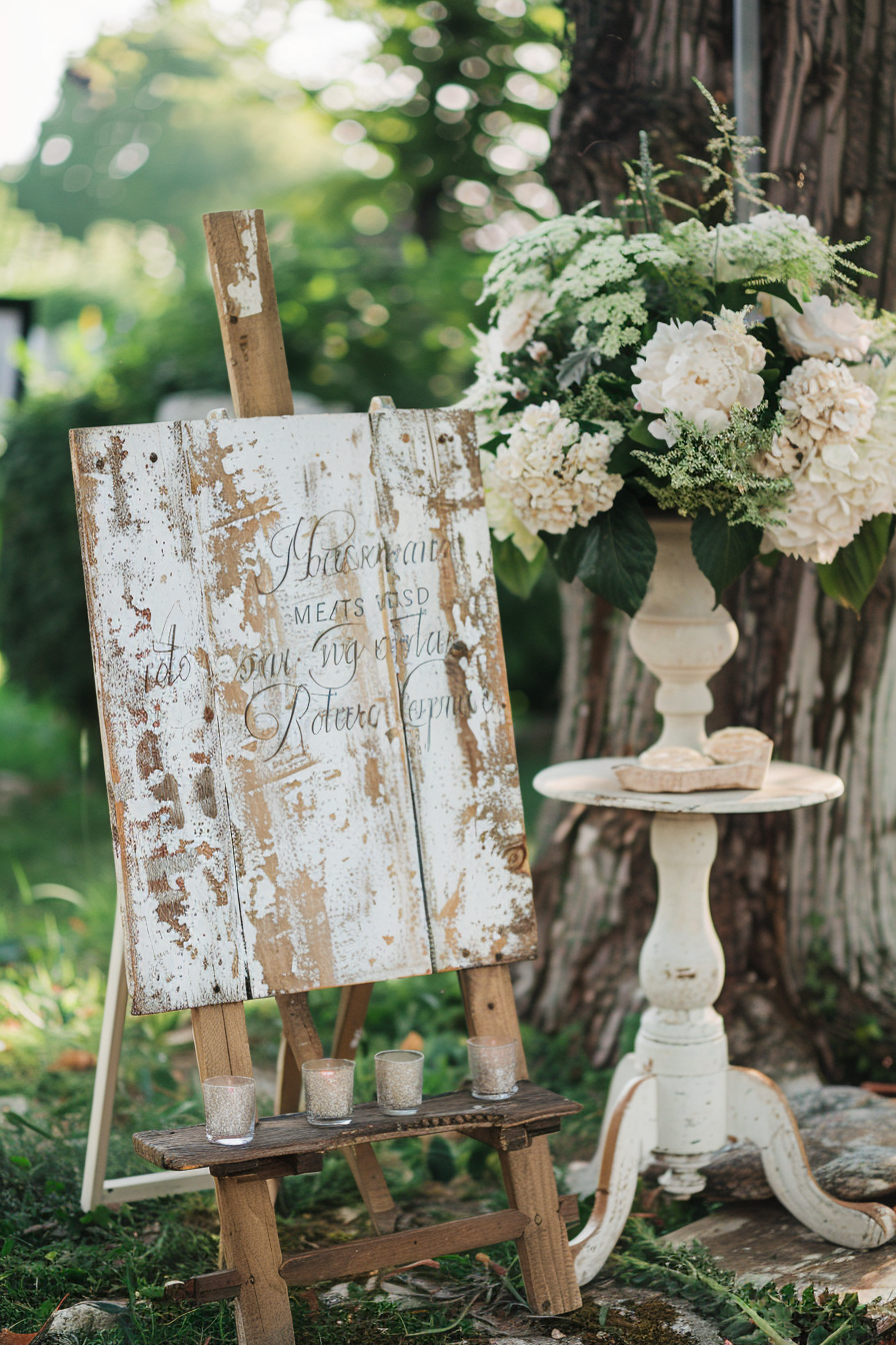 Rustic wedding sign. Whitewashed wood with calligraphic writing.