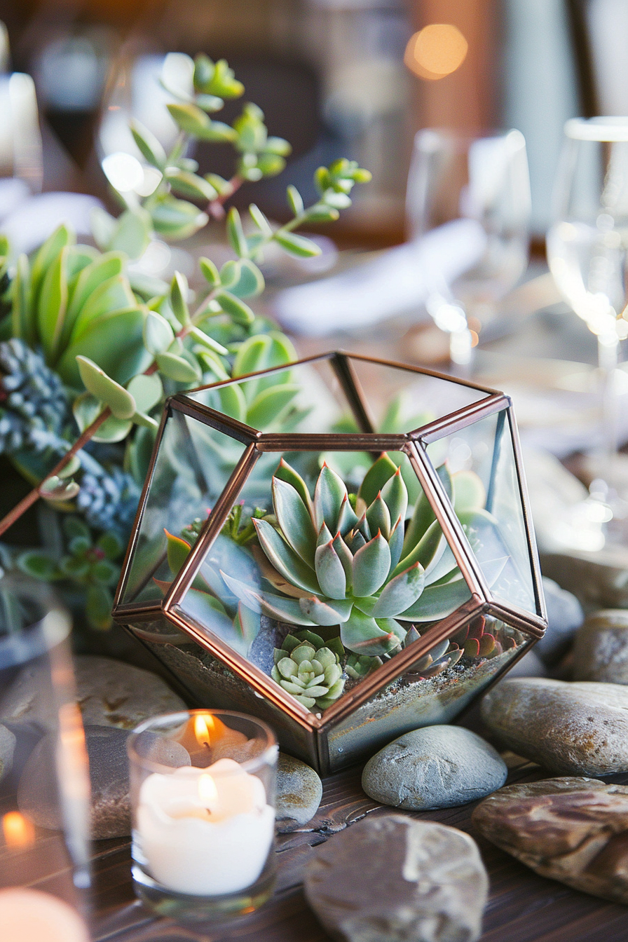 Modern wedding aesthetic. Geometric glass terrarium centerpiece with succulents.