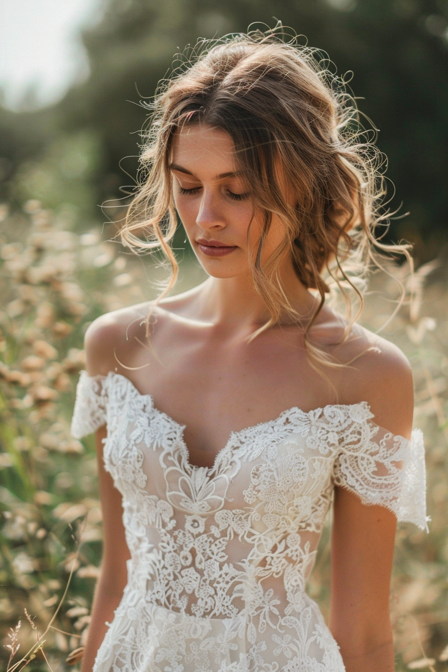 Bohemian wedding dress. Lace detailing with an off-the-shoulder neckline.