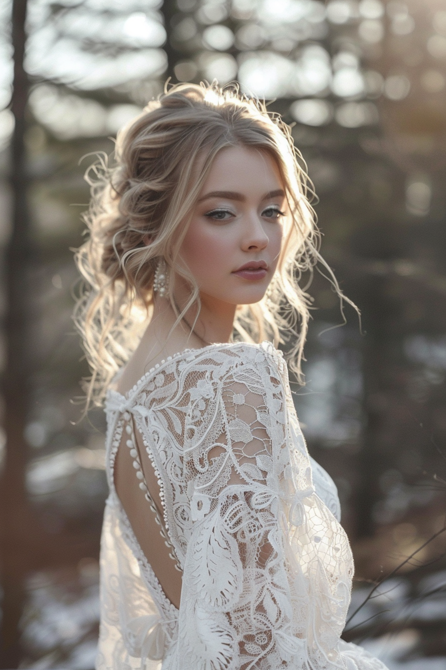 Bohemian wedding dress. White lace gown with bell sleeves.