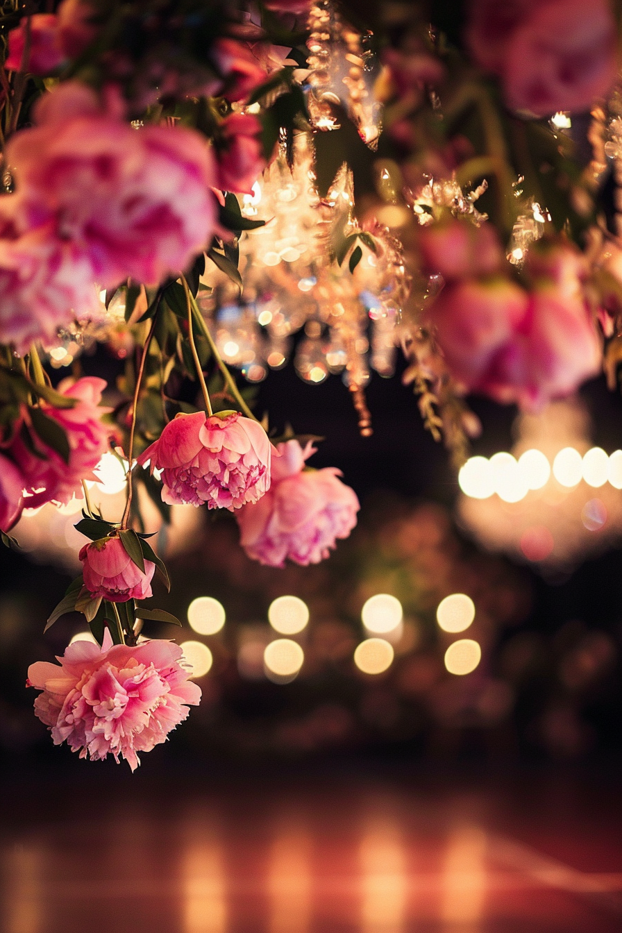 Captured moment. Lush peonies dangling above crystal chandelier-lit wedding dance floor.