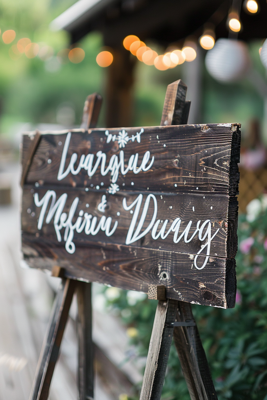 Rustic wedding sign. Weathered wood with white script lettering.