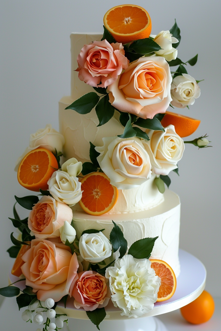 Wedding cake design. Fresh roses and tangerine slices on white fondant.