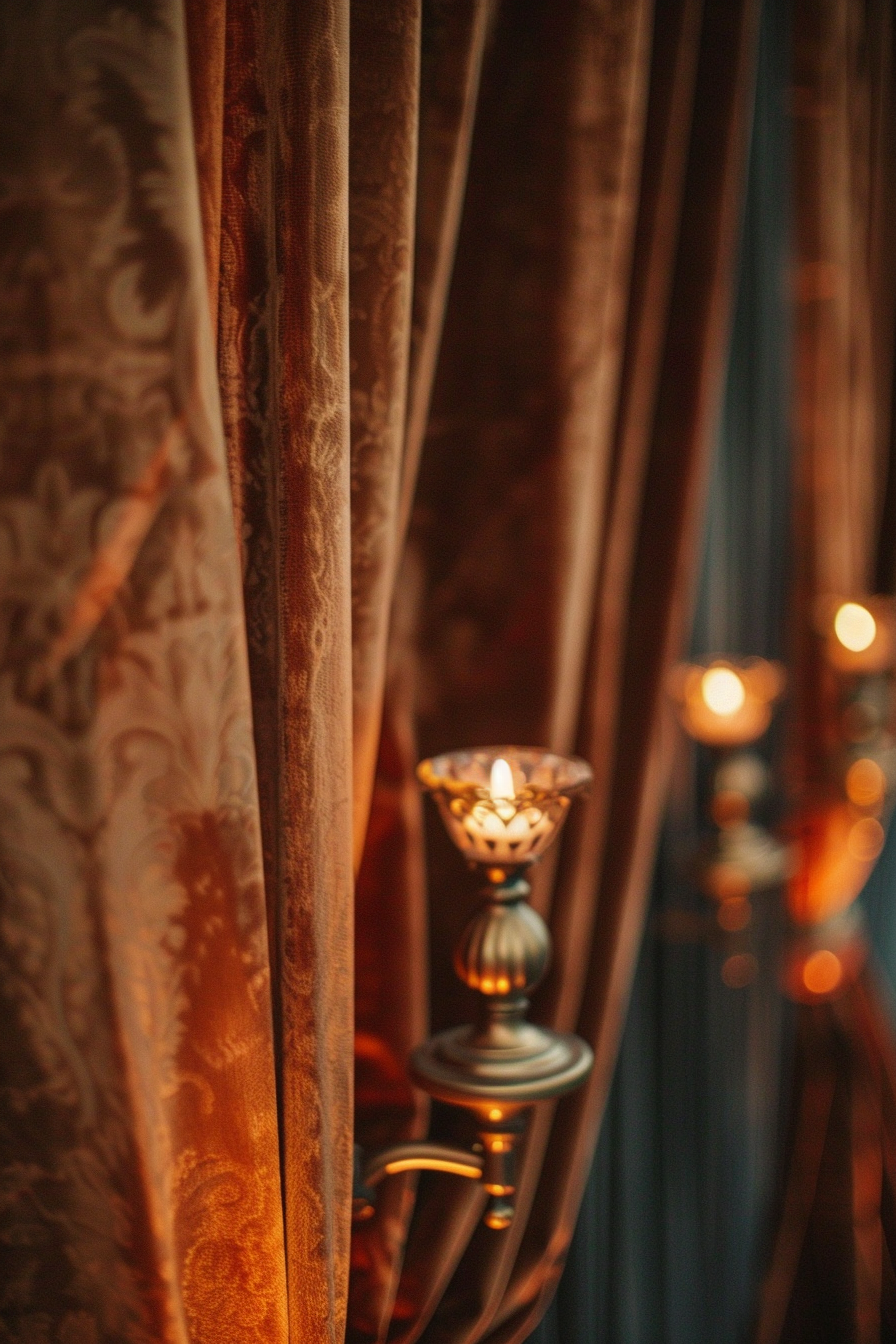 Retro wedding décor. Velvet drapes and brass candle holders.