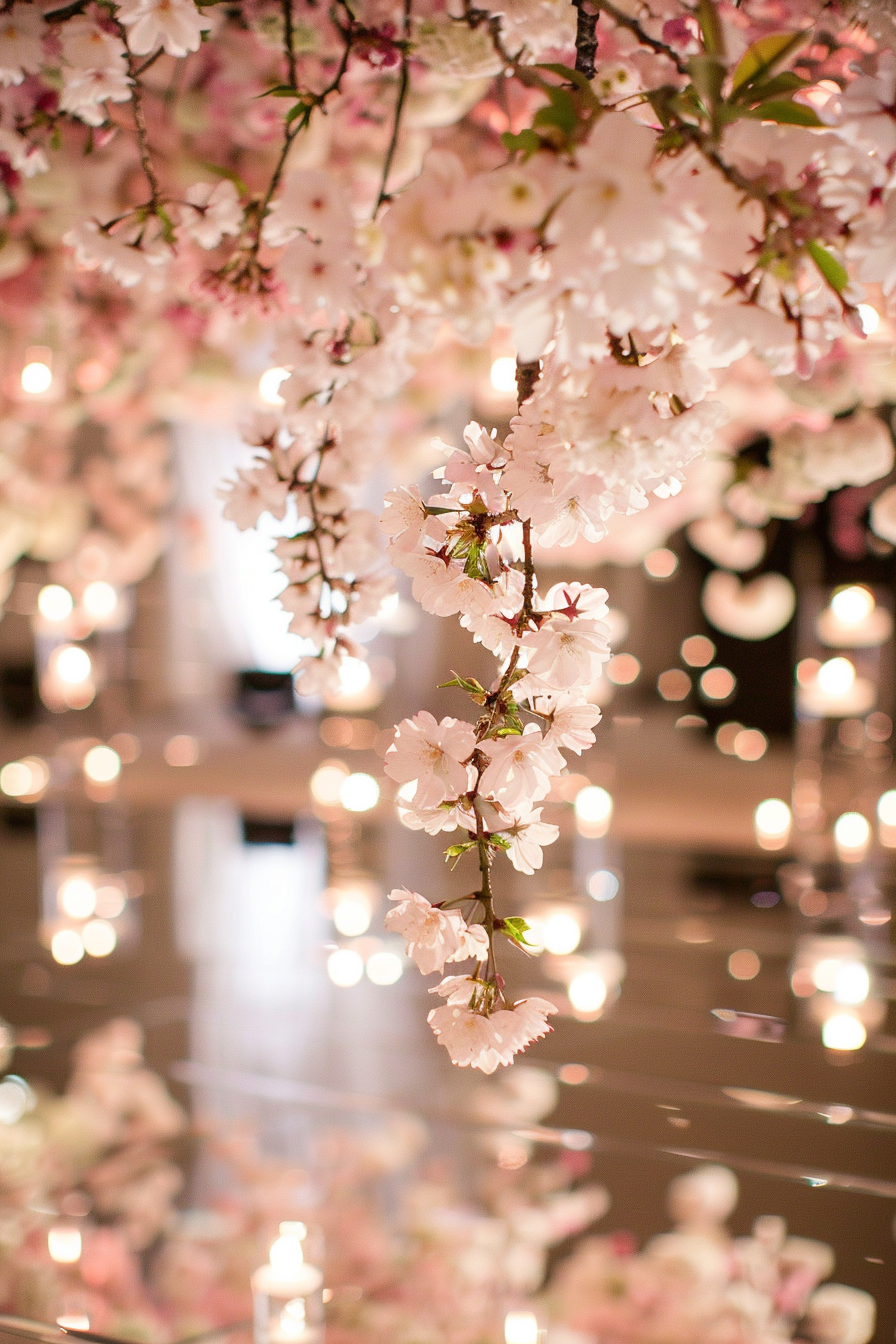 Captured moment. Cherry blossom suspended floral arrangements over mirrored wedding dance floor.