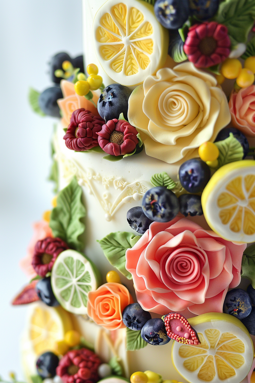 Wedding cake design. Scarlet roses, blueberries, lime wedges and sunshine-yellow marzipan embellishments.