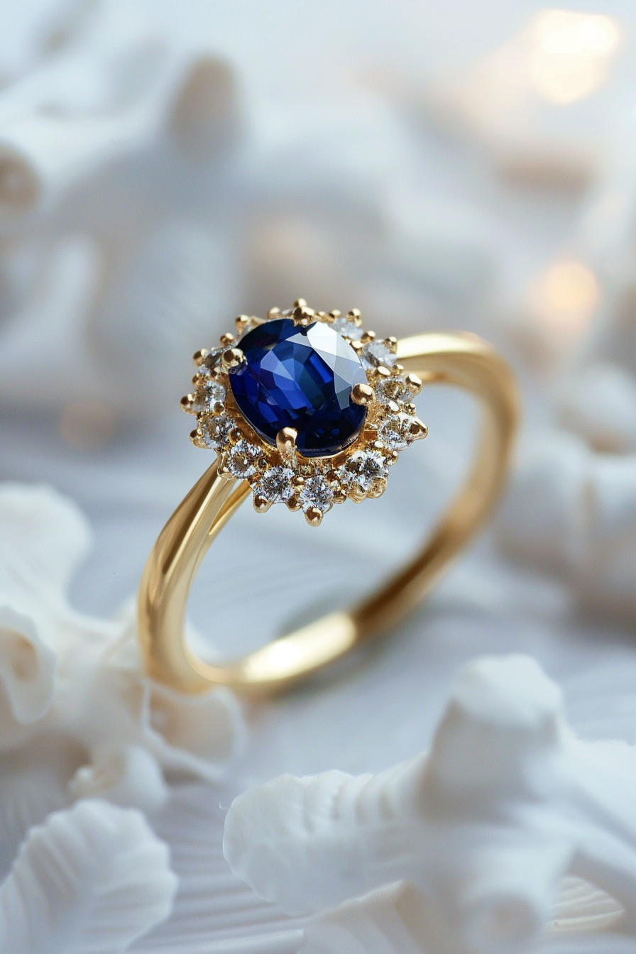 Retro wedding ring. Yellow gold band with oval-cut sapphire and delicate halo.