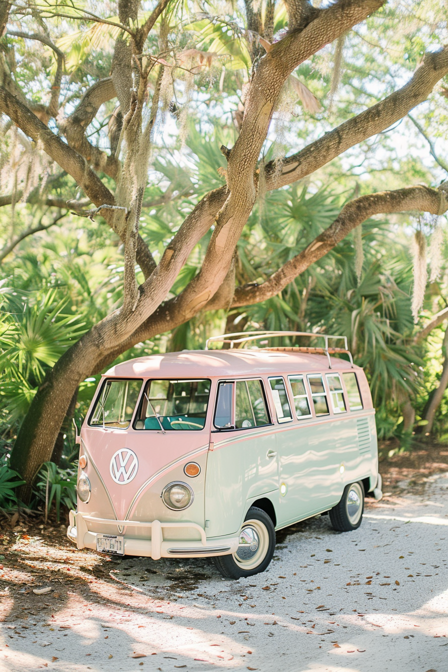 Retro wedding decor. Pastel-colored vintage VW bus Photo Booth.