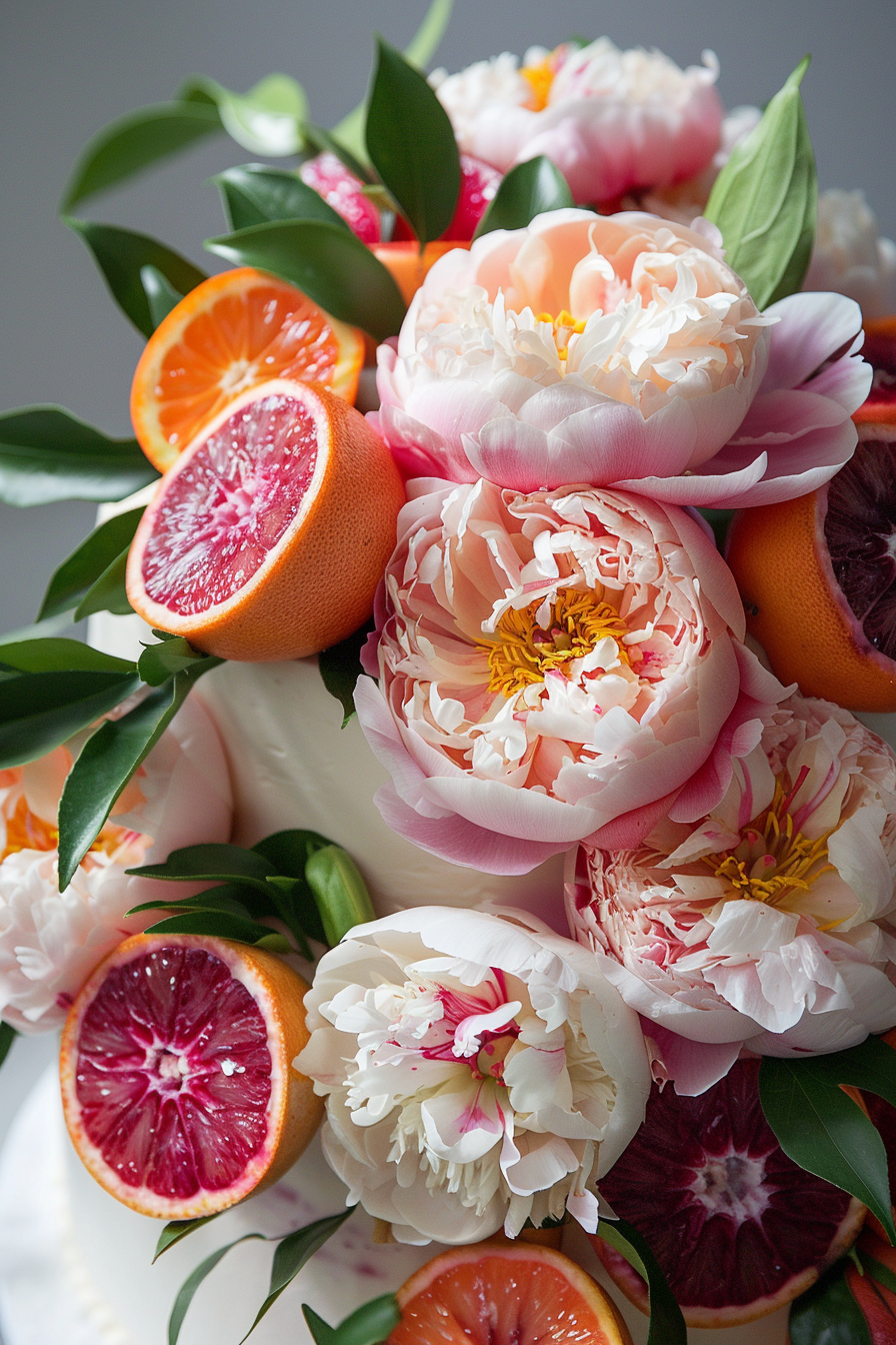 Wedding cake design. Fresh peonies and sliced blood oranges.