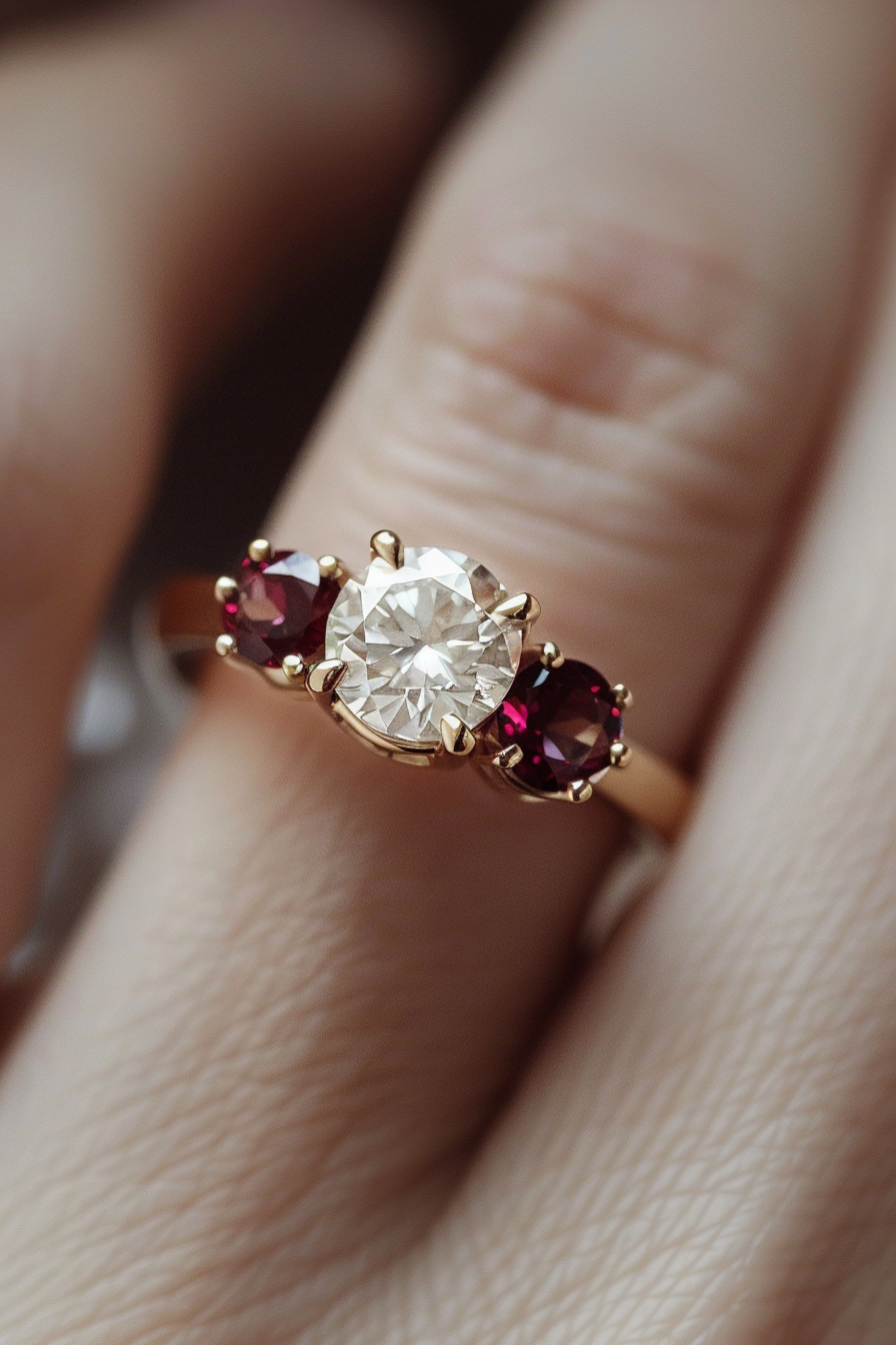 Retro wedding ring. Yellow gold band with a diamond solitaire hugged by two ruby side stones.