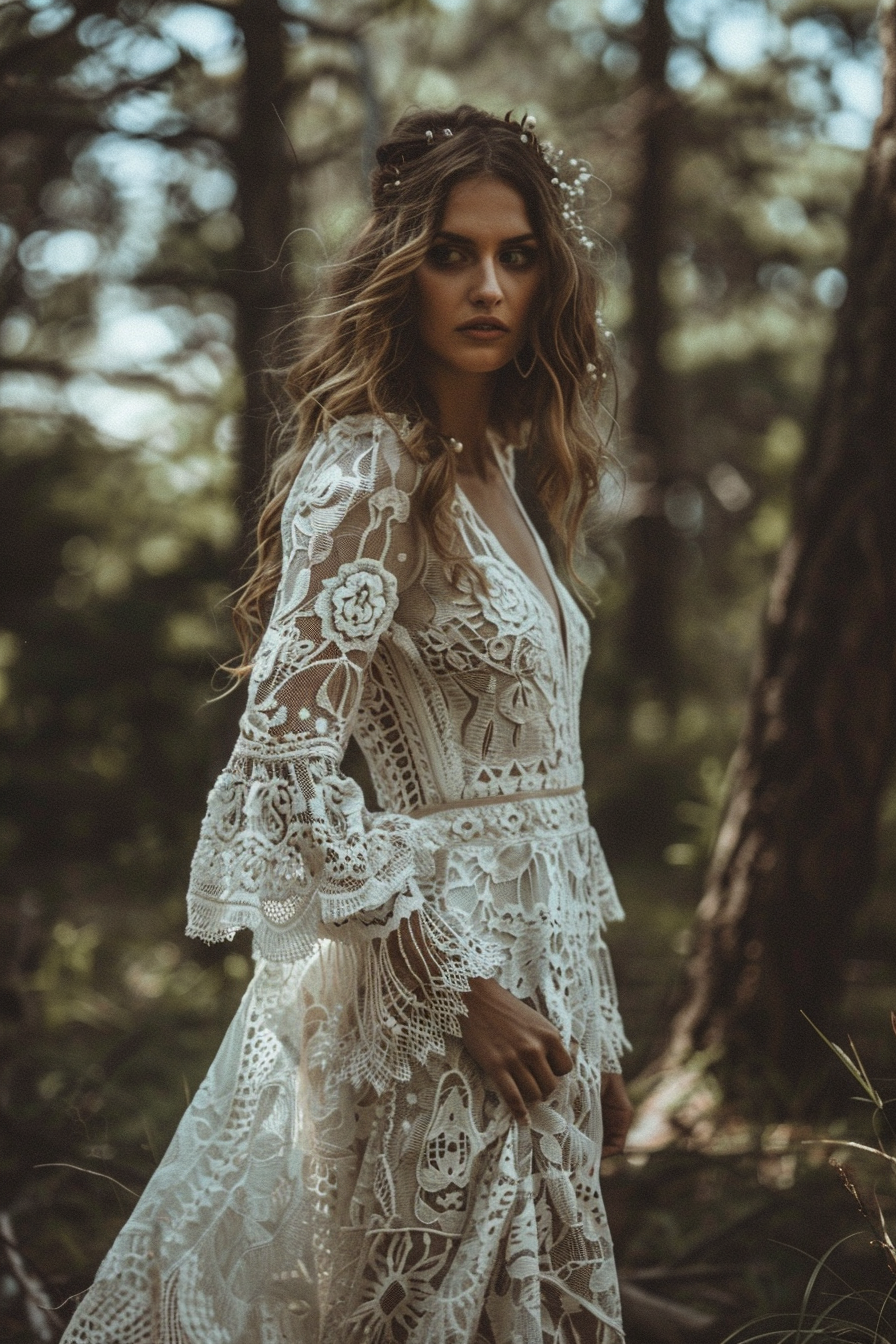 Bohemian wedding dress. White flowing lace with bell sleeves.