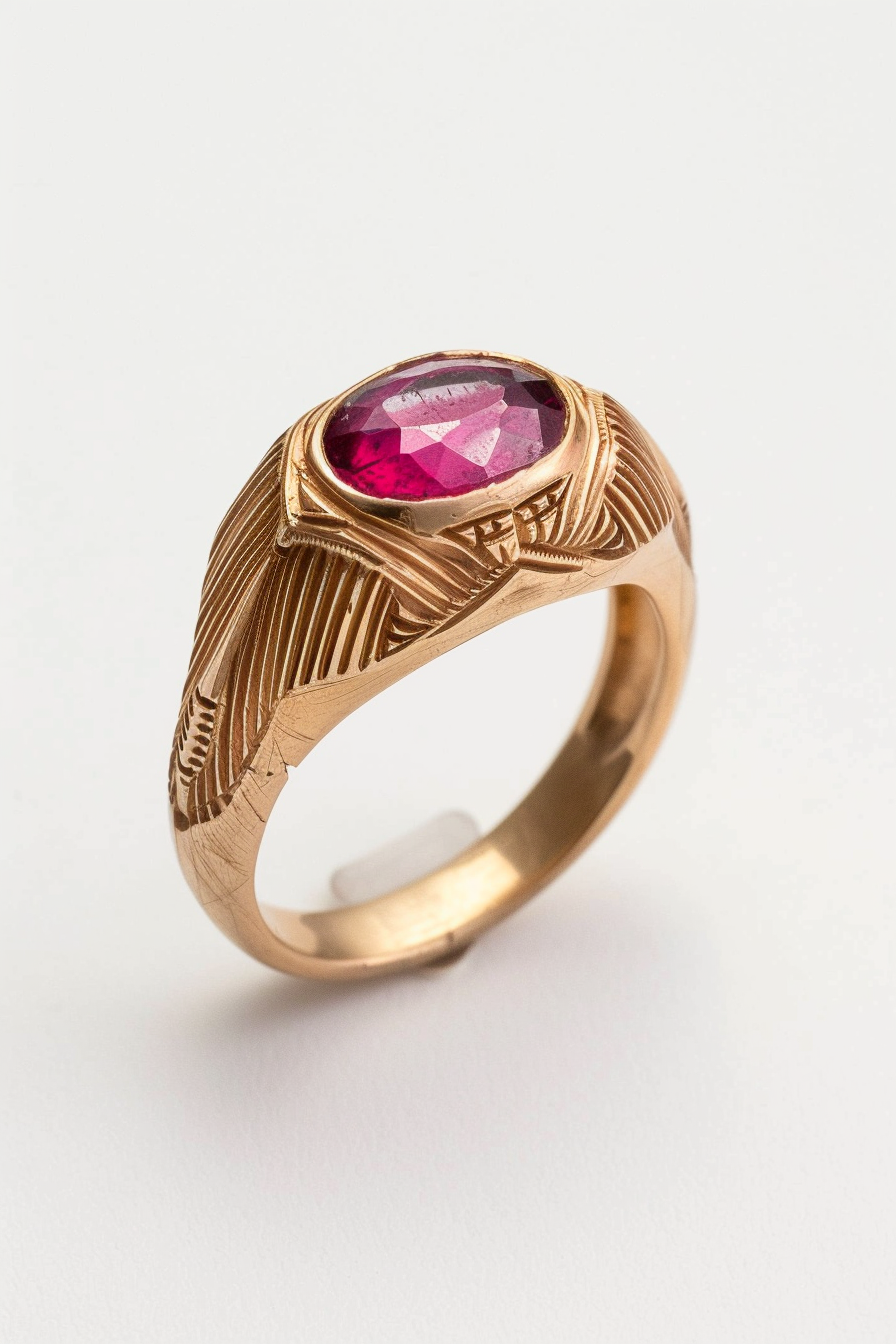 Retro wedding ring. Art Deco yellow gold with ruby gemstone.