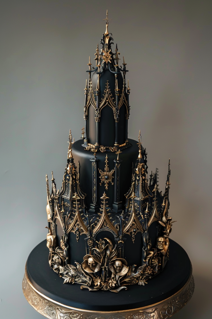 Wedding cake. Dark frosting, gothic details, gilded age elegance.