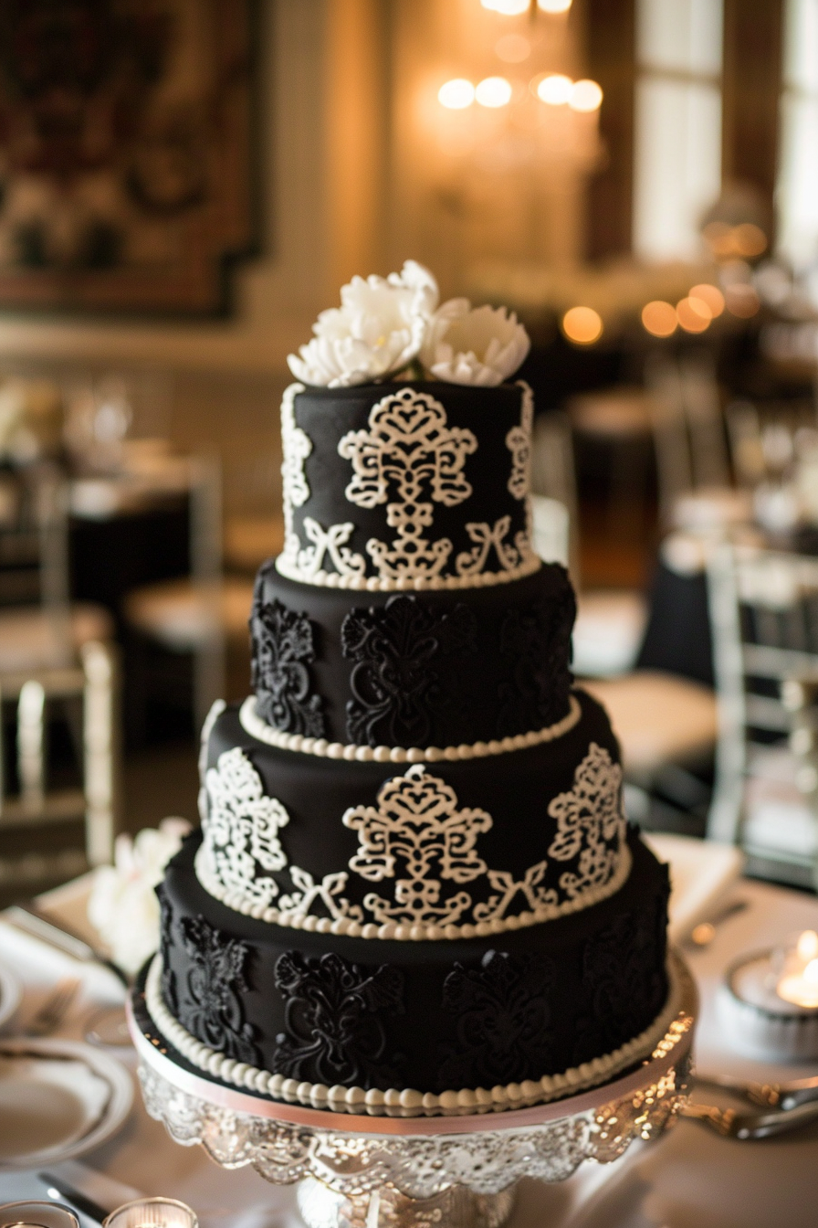 Wedding cake. Dark icing with a lace pattern overlay.