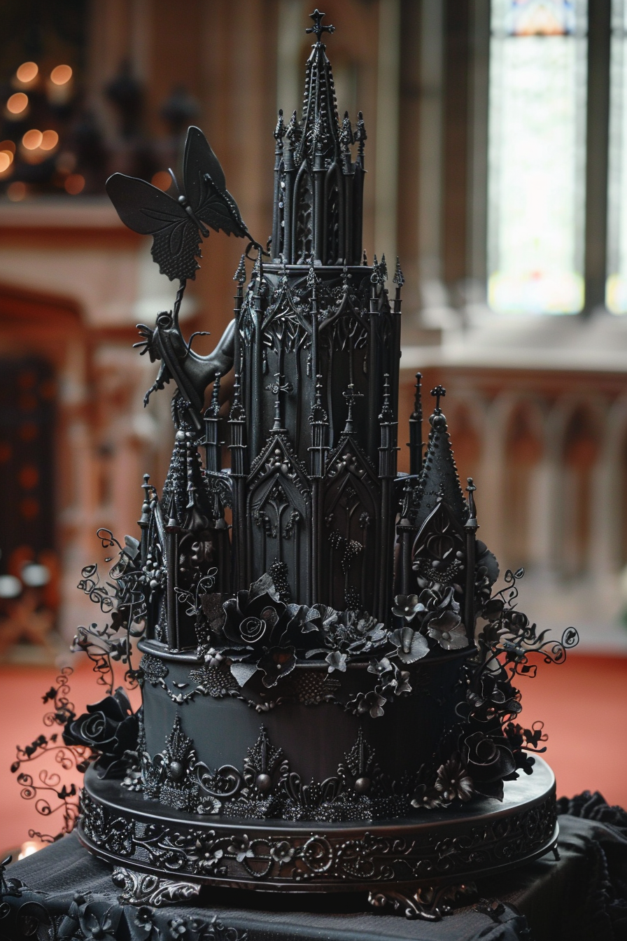 Wedding cake. Dark icing with intricate gothic details.