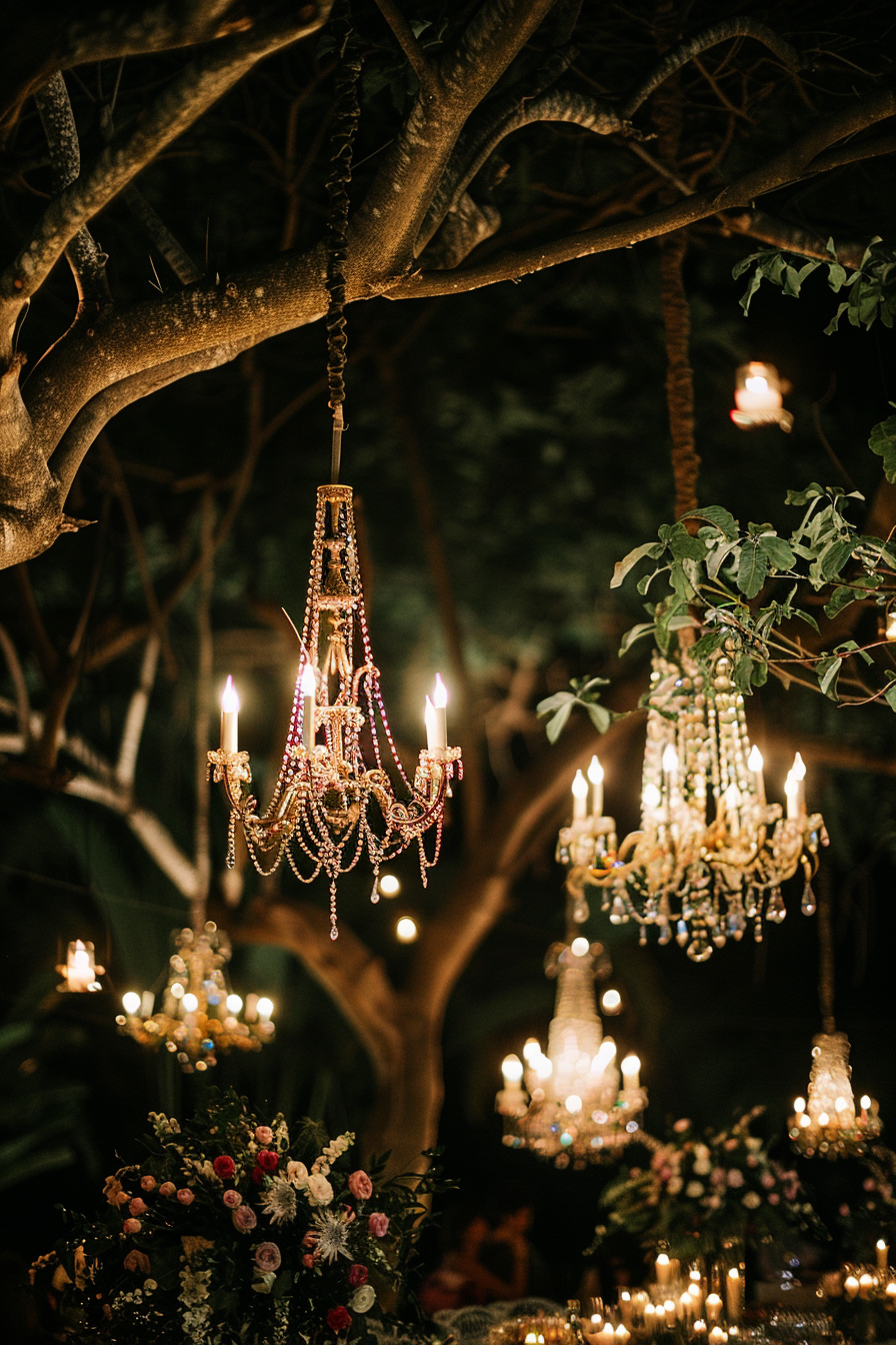 Fairytale glow reception. Gold chandeliers hanging from tree branches.