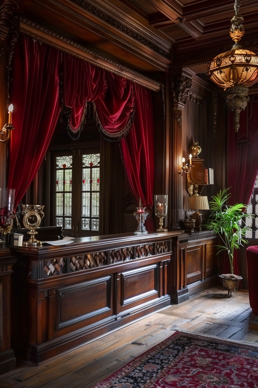 Reception area. Velvet draped over mahogany desk.