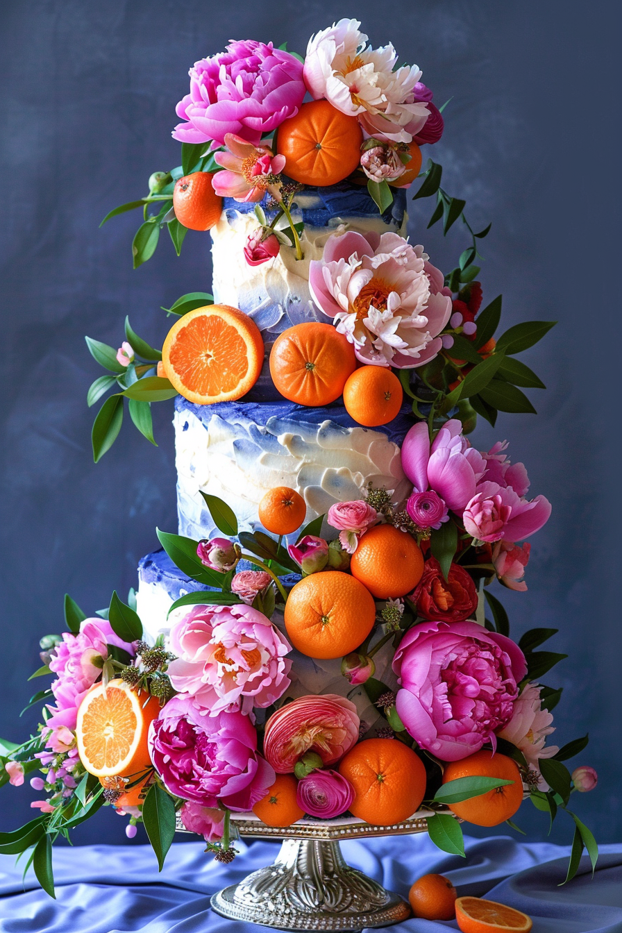 Wedding cake design. Pink peonies, mandarin oranges and royal blue frosting.