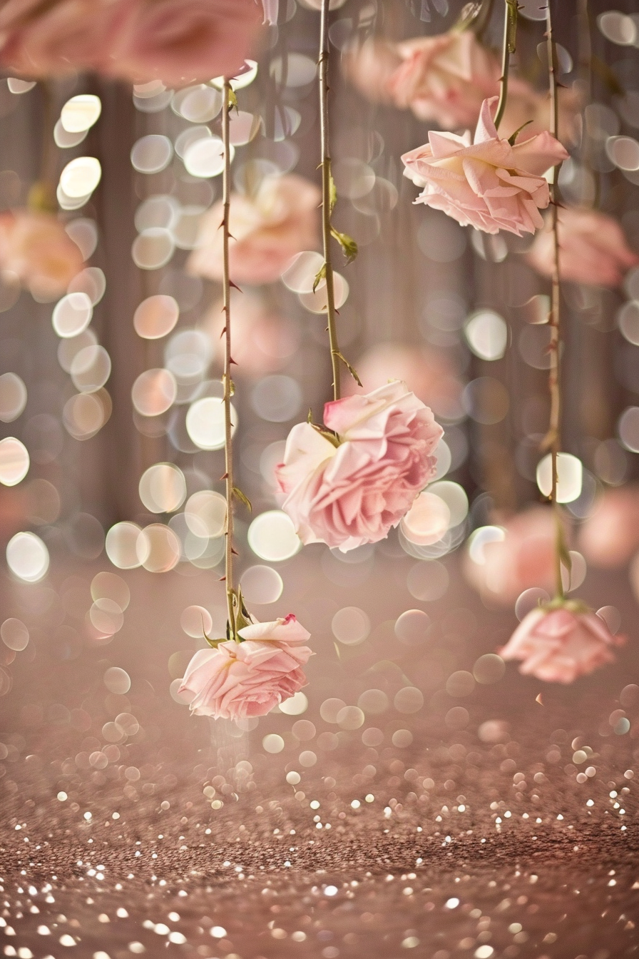 Captured moment. Pale pink roses hanging above glittering gold dance floor.