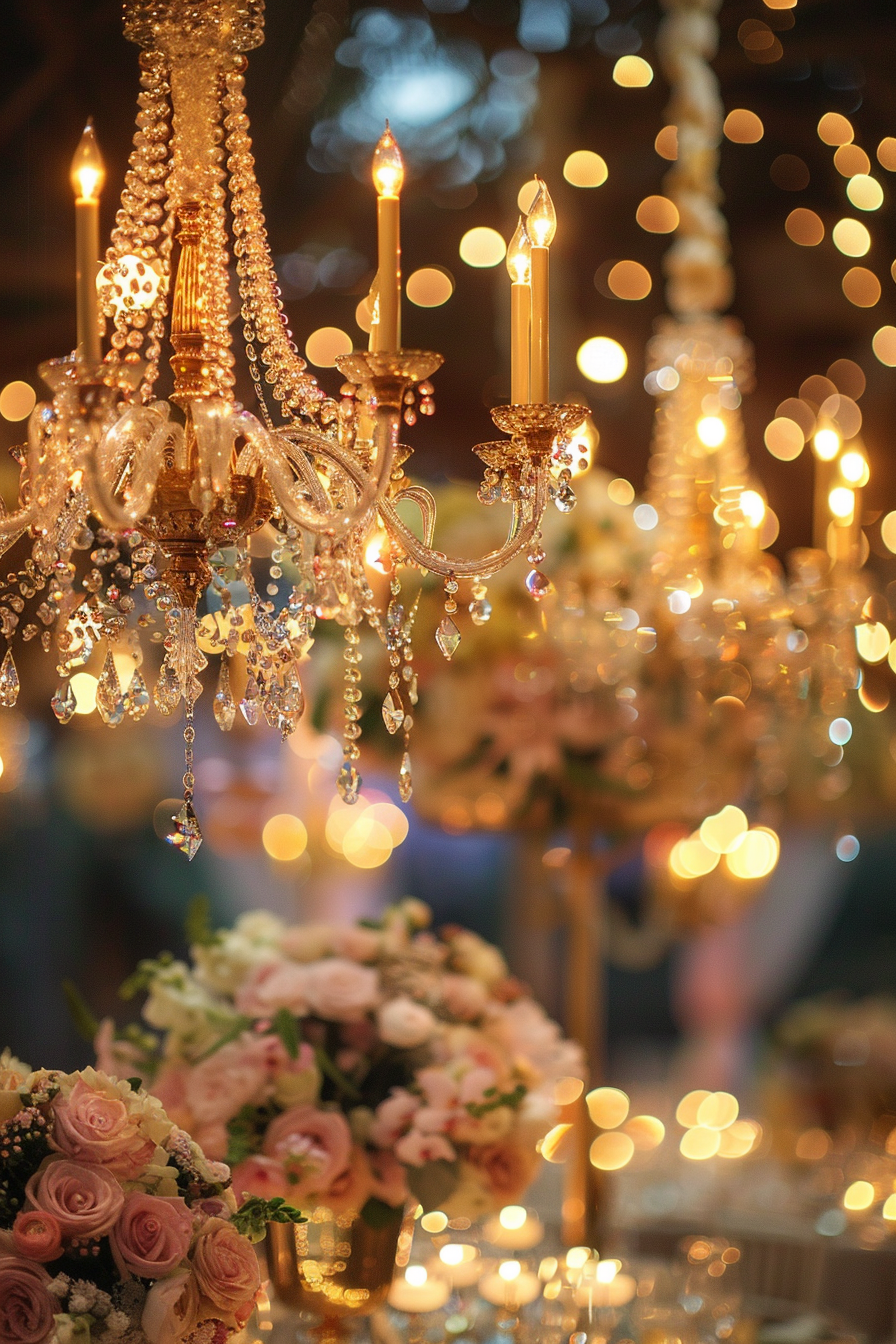 Fairytale Glow reception. Hanging diamond chandeliers, gold leaf tabletops.