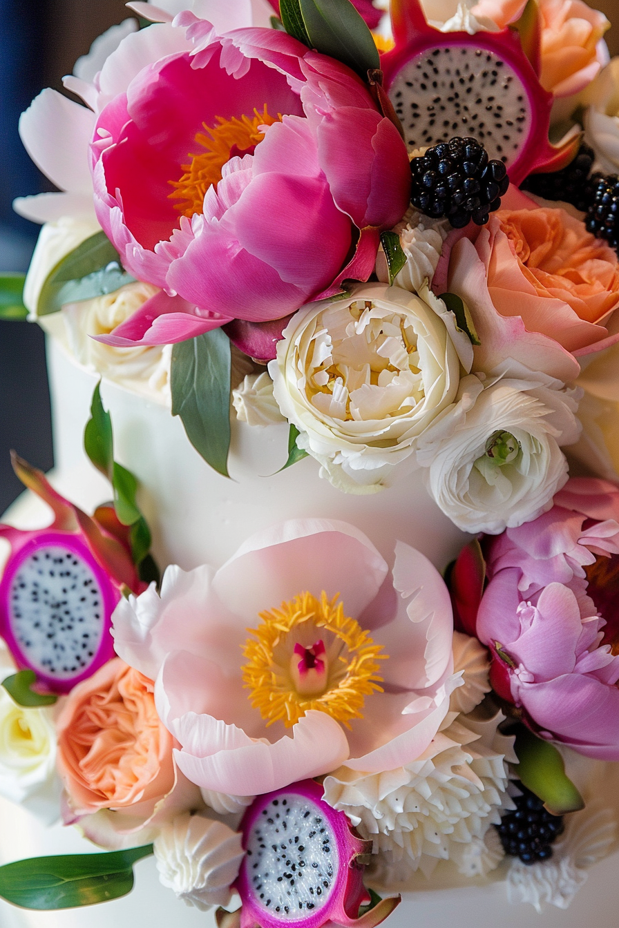 Wedding cake design. Fresh peonies and colorful dragon fruit slices.