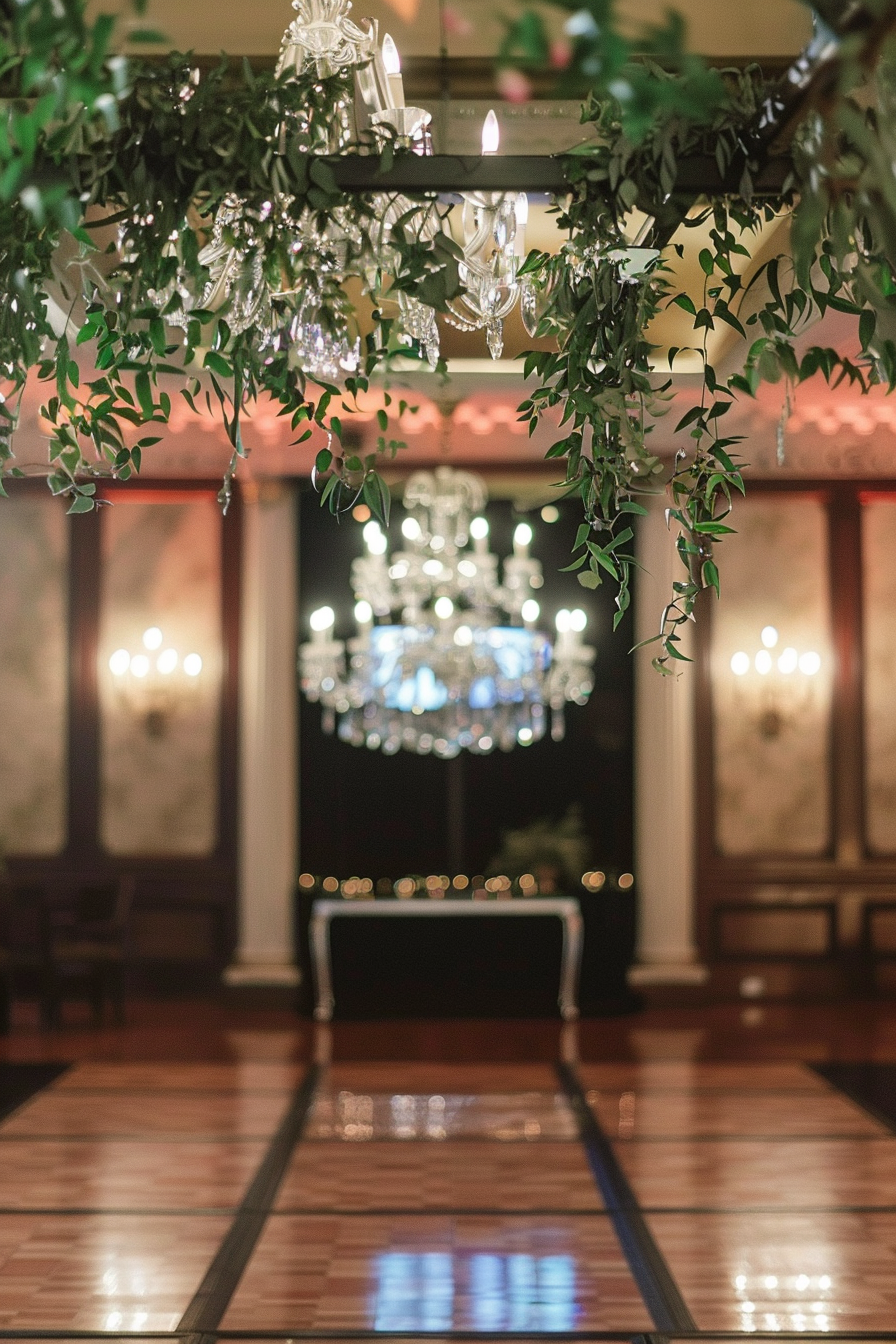 Captured moment. draping eucalyptus branches over crystal chandelier on wedding dance floor.