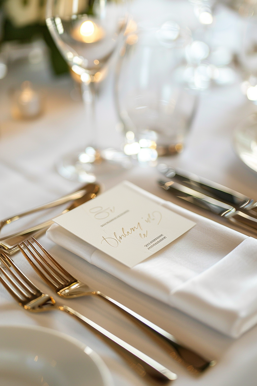 Wedding setting detail. Gold-ink hand-lettered place card on white tablecloth.