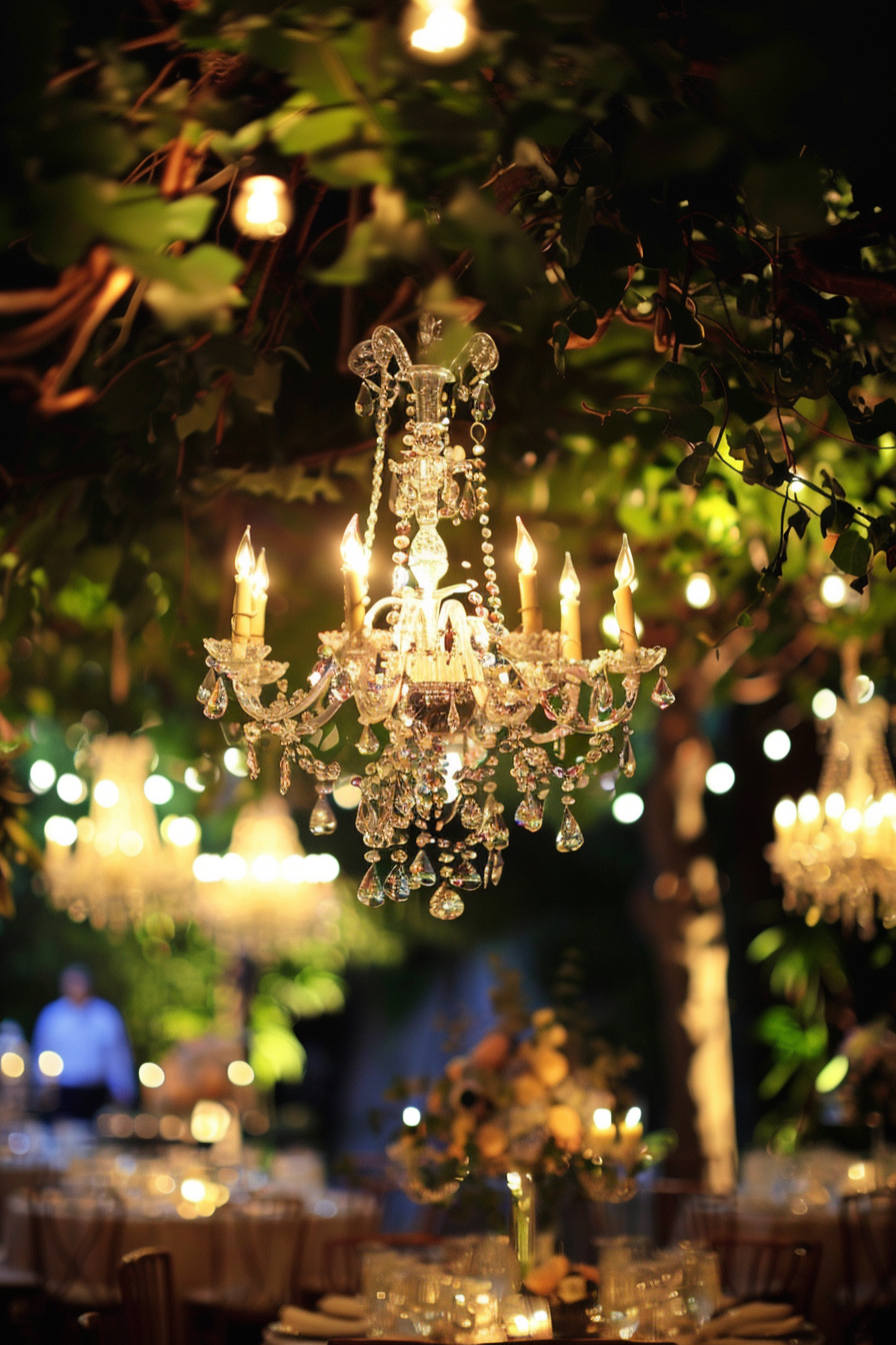 Fairytale glow reception. Crystal chandeliers hanging from vine-draped ceilings.