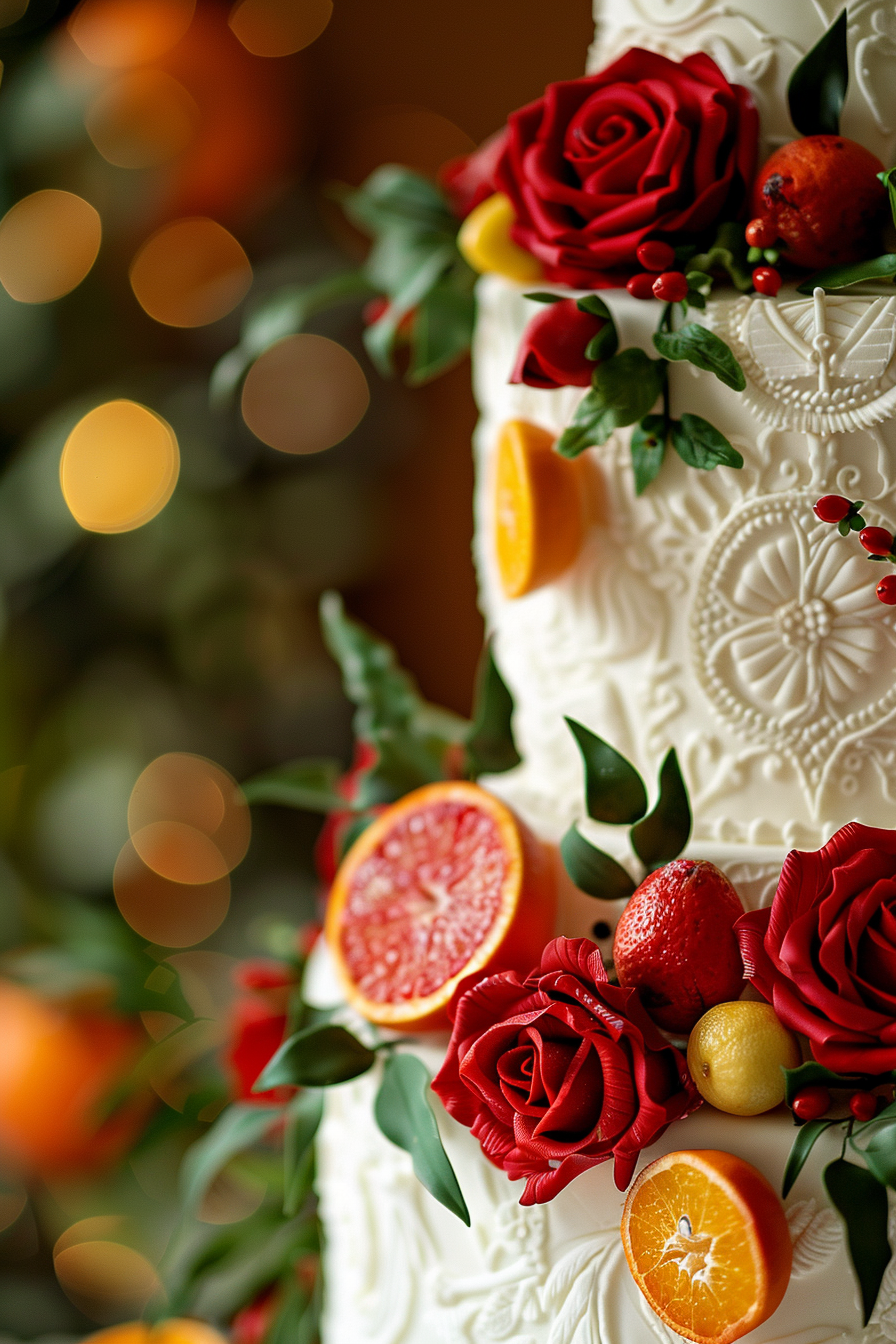 Wedding cake design. Crimson roses with intricate citrus ornaments.