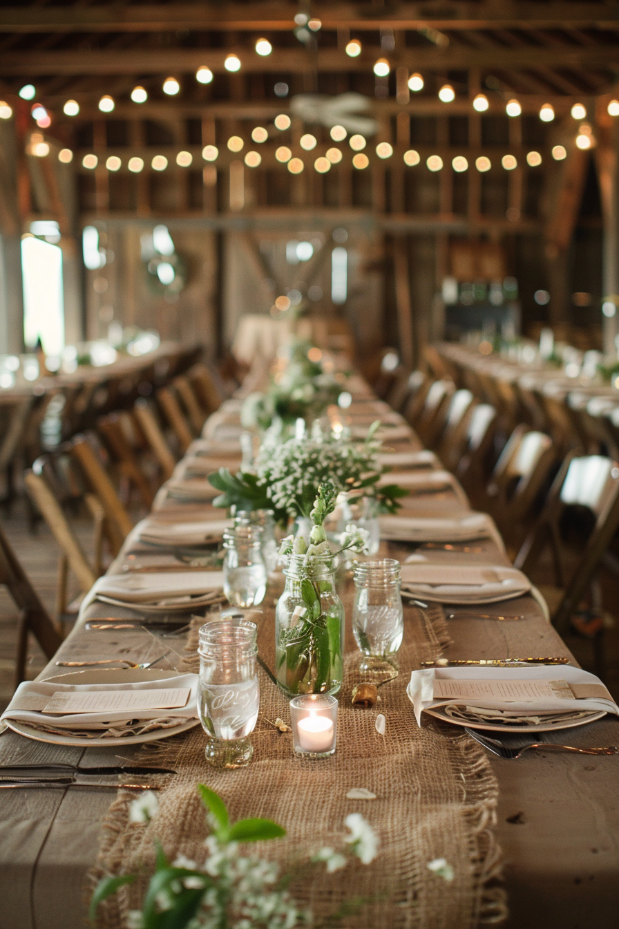 Rustic wedding décor. Barn setting with mason jar centerpieces and burlap tablecloth.