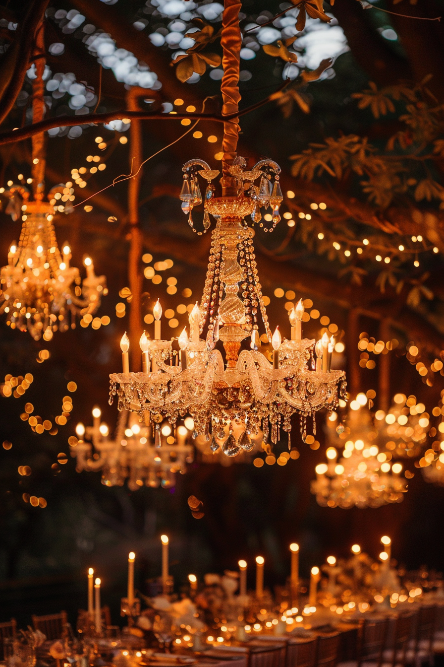 Fairytale glow reception. Glistening glass chandeliers with golden lighting.