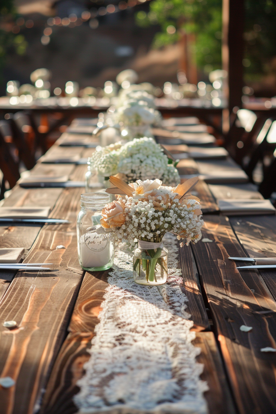 Wedding decor. Unfinished wooden table with lace runner and Mason jar centerpieces.