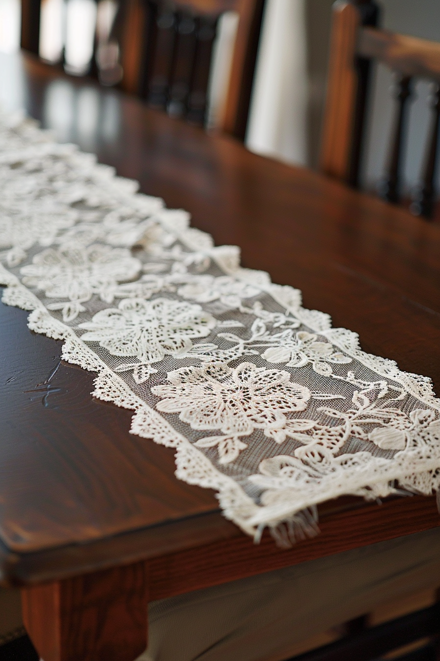 Wedding decor. Ivory lace table runner on a mahogany dining table.