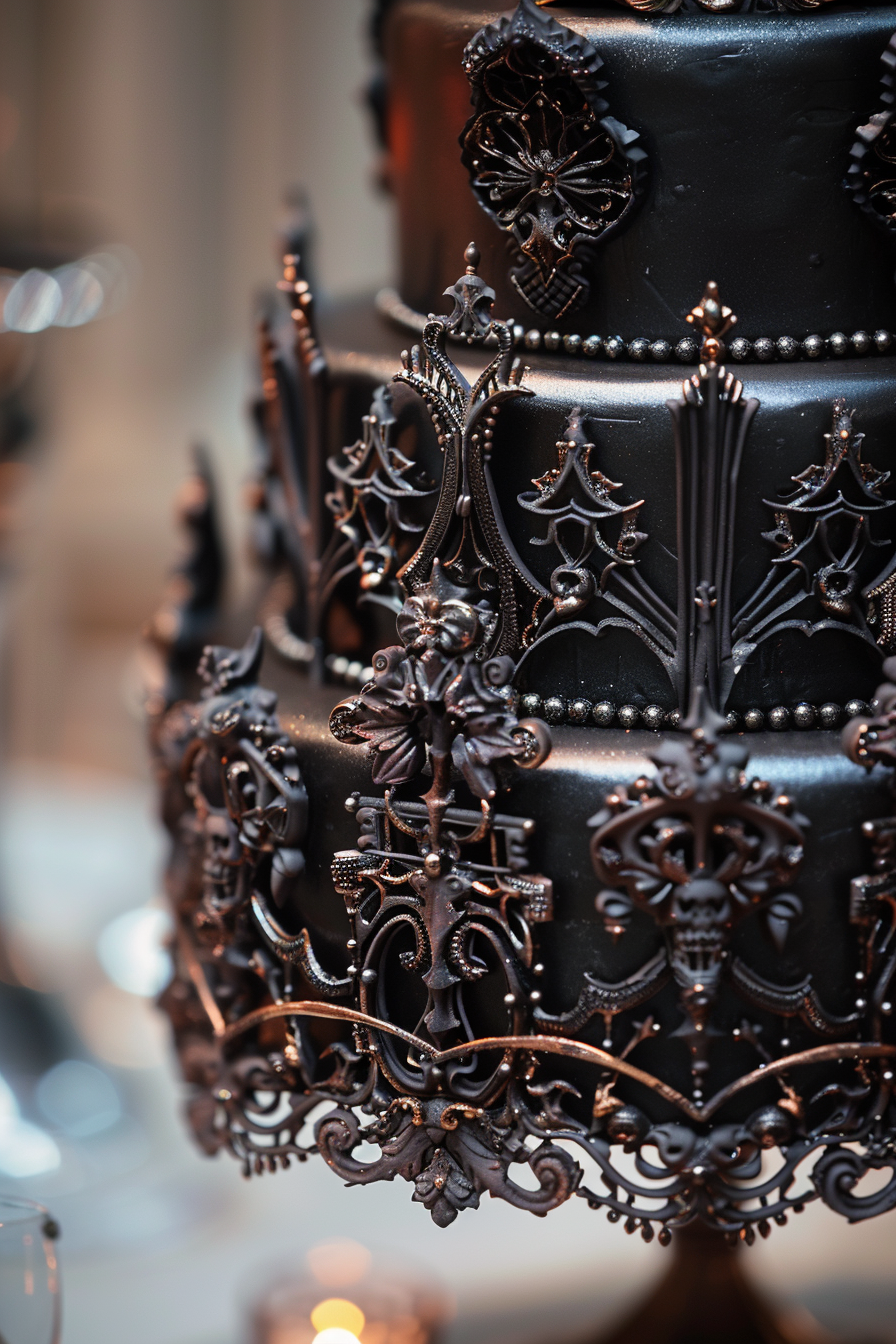 Wedding cake. Dark chocolate icing, intricate gothic pipework, small edible pearls.