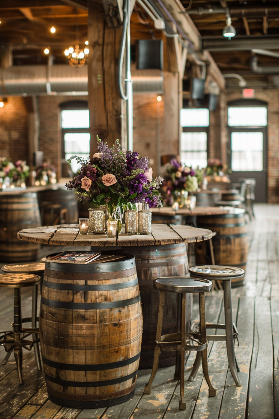 Retro wedding decor. Aluminum beer barrels as tables and vintage wooden boxes as chairs.