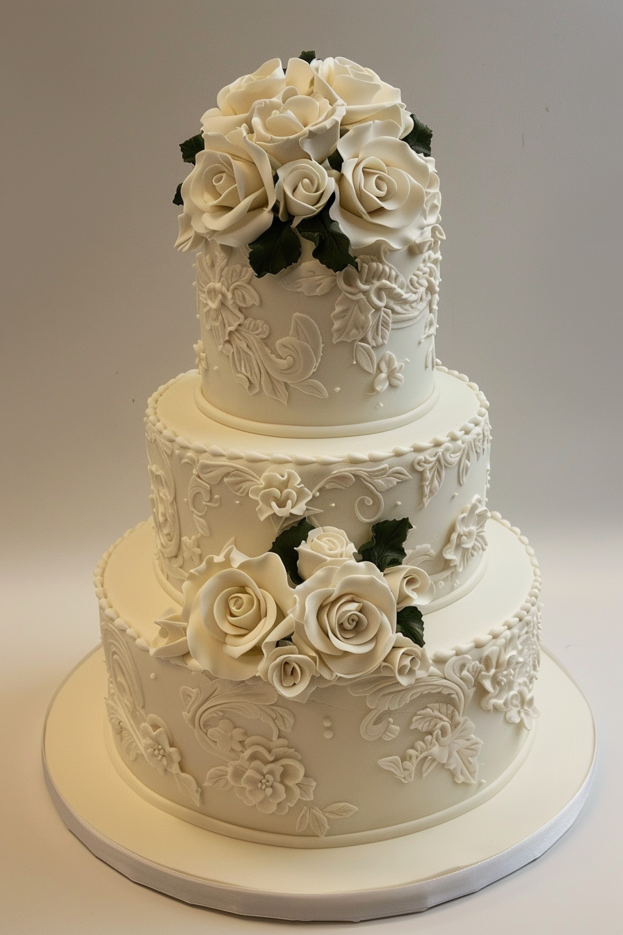 Wedding cake. Lambeth buttercream piping and classic fondant roses.