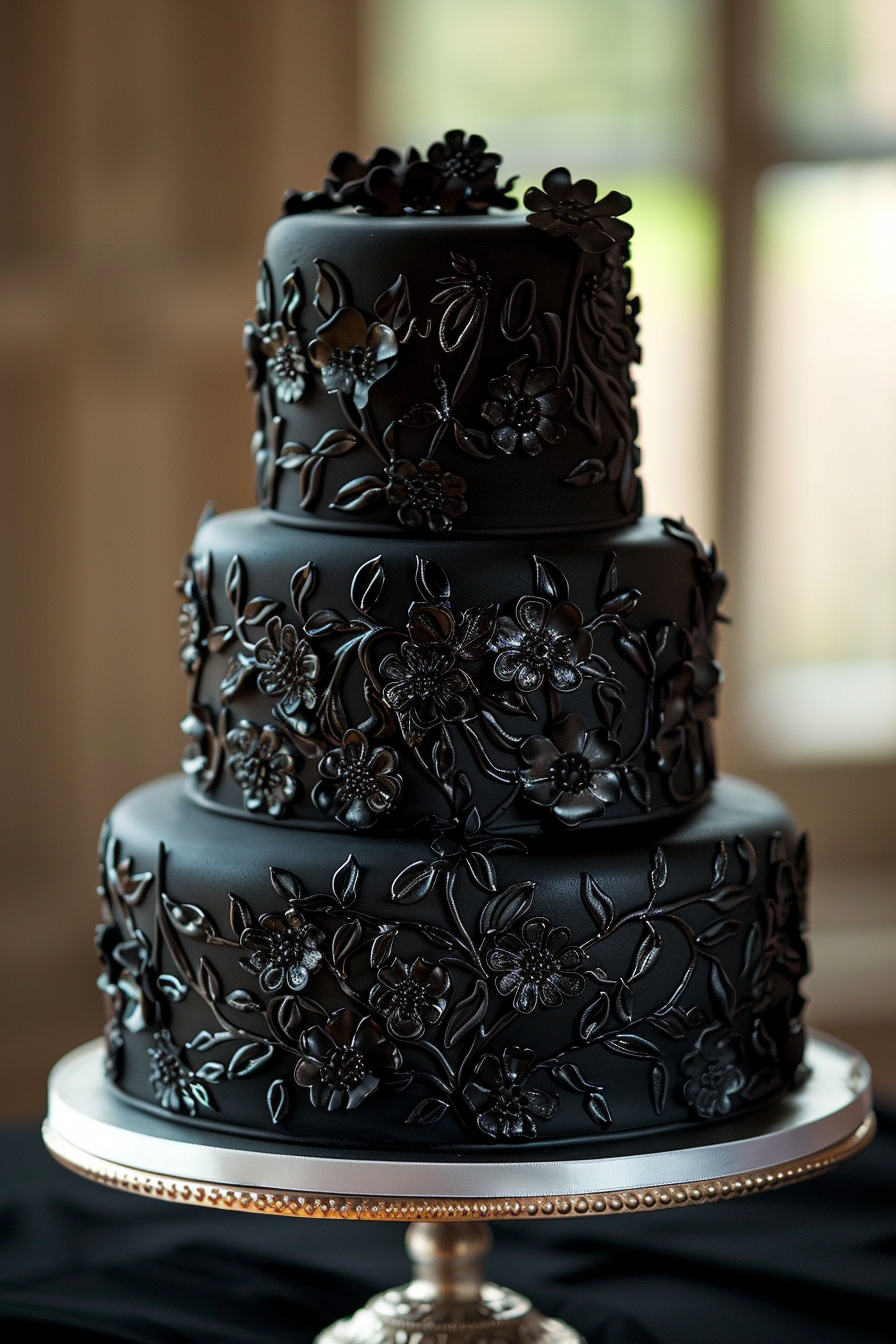 Wedding cake. Black icing with Victorian floral lace silhouettes.