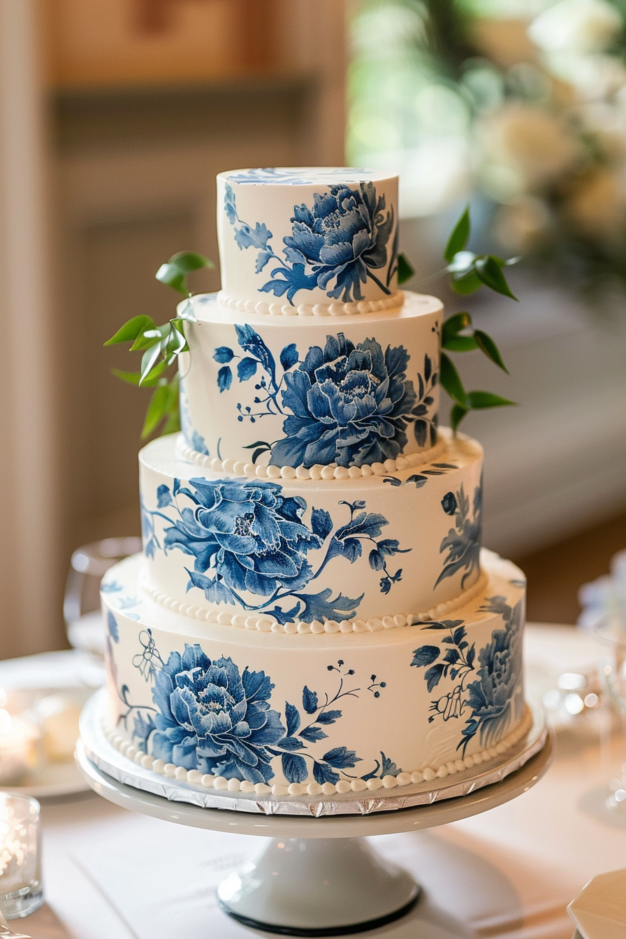 Wedding cake with Lambeth buttercream piping and classic blue-coloured peony pattern.