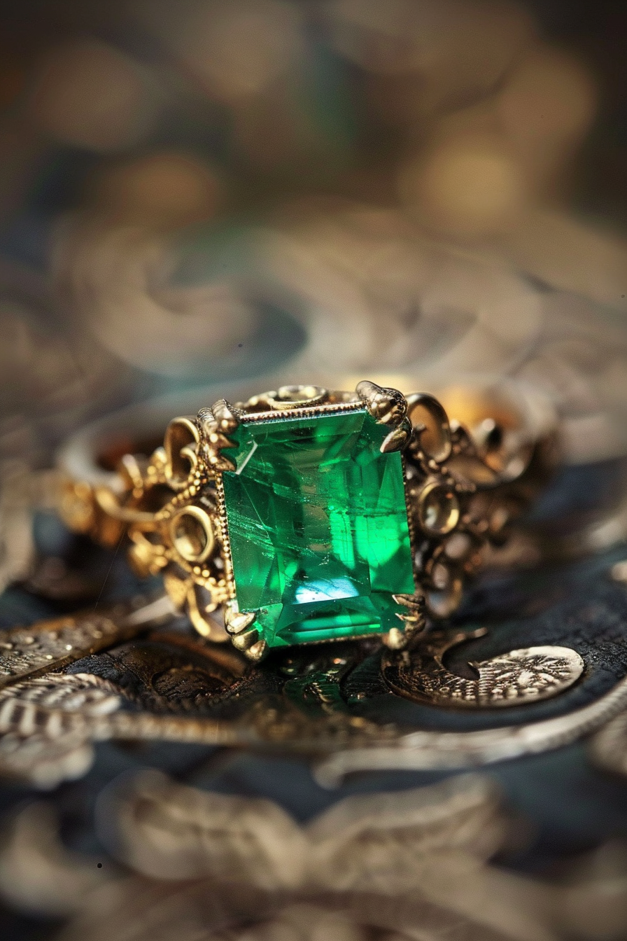 Retro wedding ring. Art deco emerald with intricate filigree.