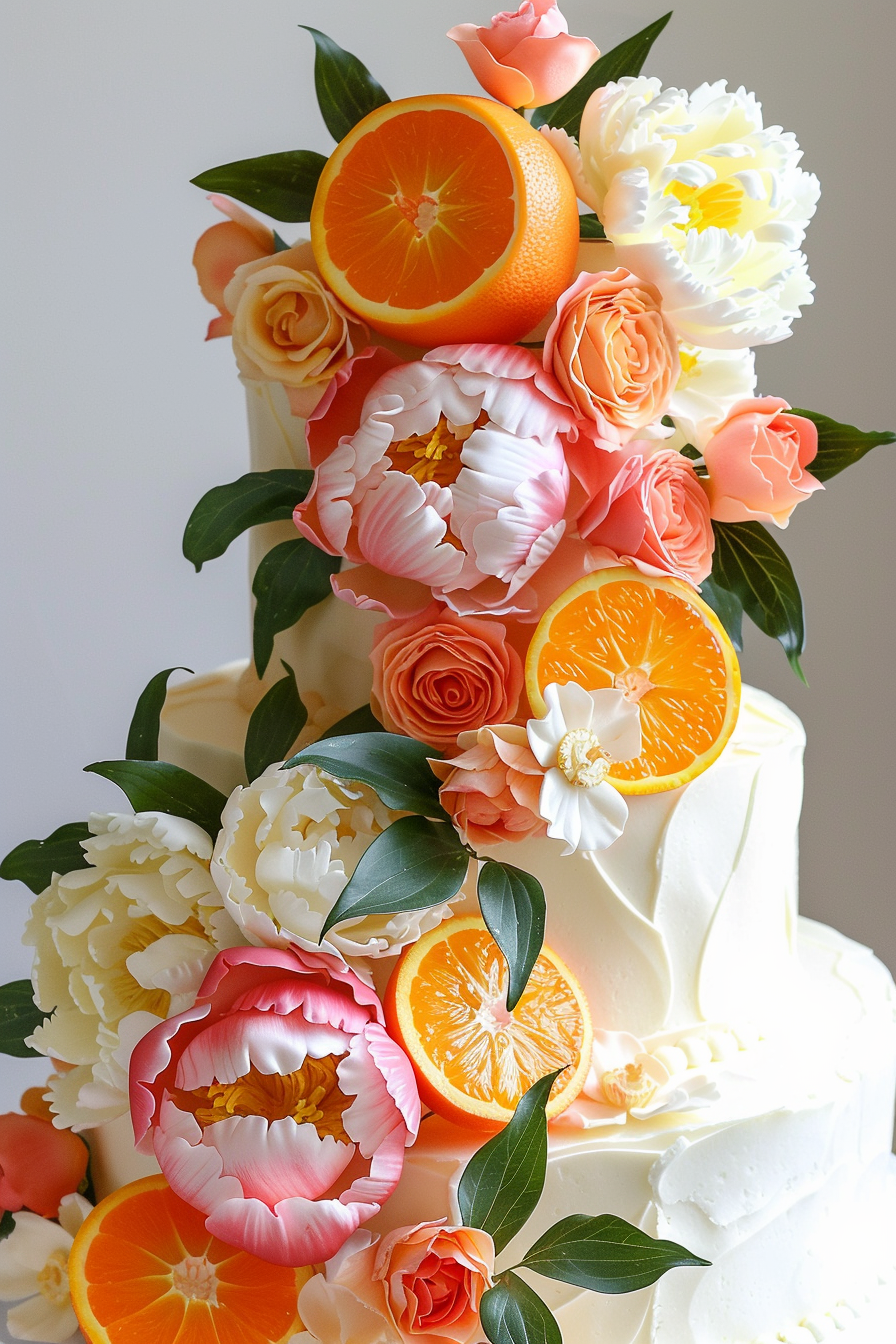 Wedding cake design. Fresh peonies and bold orange slices.