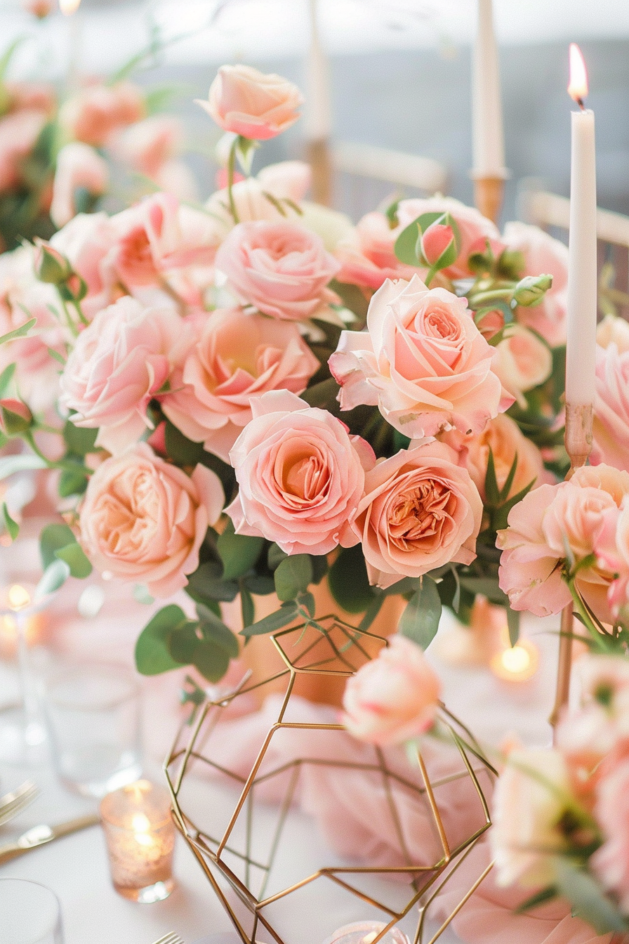 Modern wedding aesthetic. Blush pink roses paired with minimalist geometrical golden centerpieces.