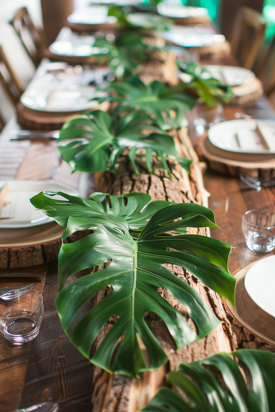 Natural decor. Monstera leaves on Bark table runner with tree center pieces.