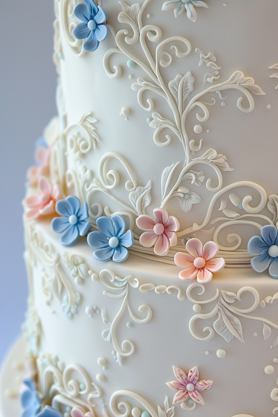 Wedding cake. Lambeth buttercraft piping in a floral pattern with swirls and embellishments.