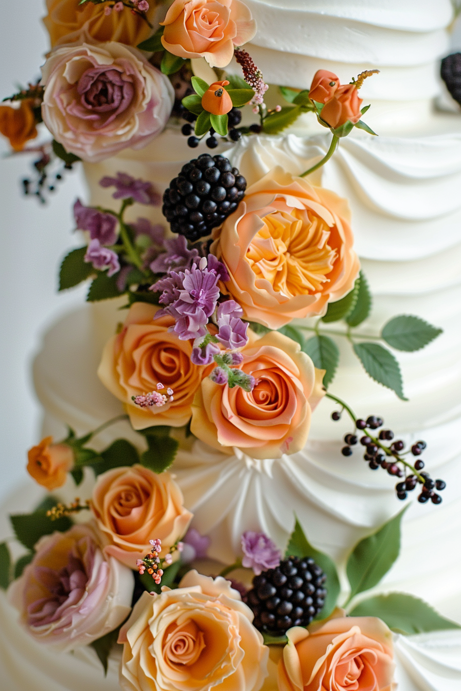 Wedding cake design. Marigold roses, blackberries arrange on cascading white frosting.