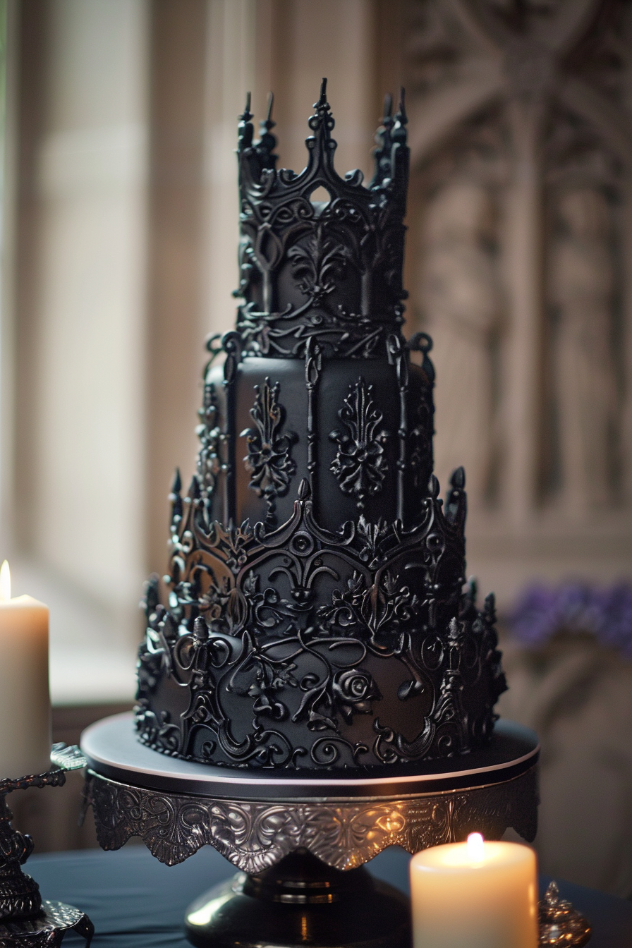 Wedding cake. Dark icing, hand-piped gothic scrollwork.