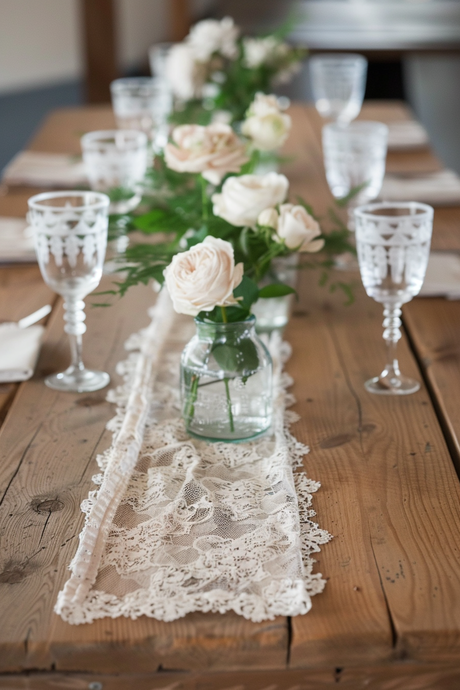 Rustic wedding décor. Lace table runner against reclaimed wooden table.